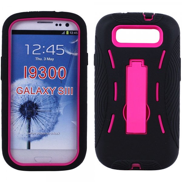 Wholesale Samsung Galaxy S3 / i9300 Armor Hybrid Case with Kickstand (Black-Hot Pink)
